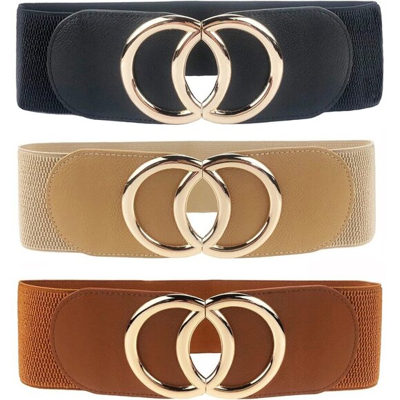 Women\'s Elastic Wide Waist Belt Faux Leather Metal Buckle Casual Dress